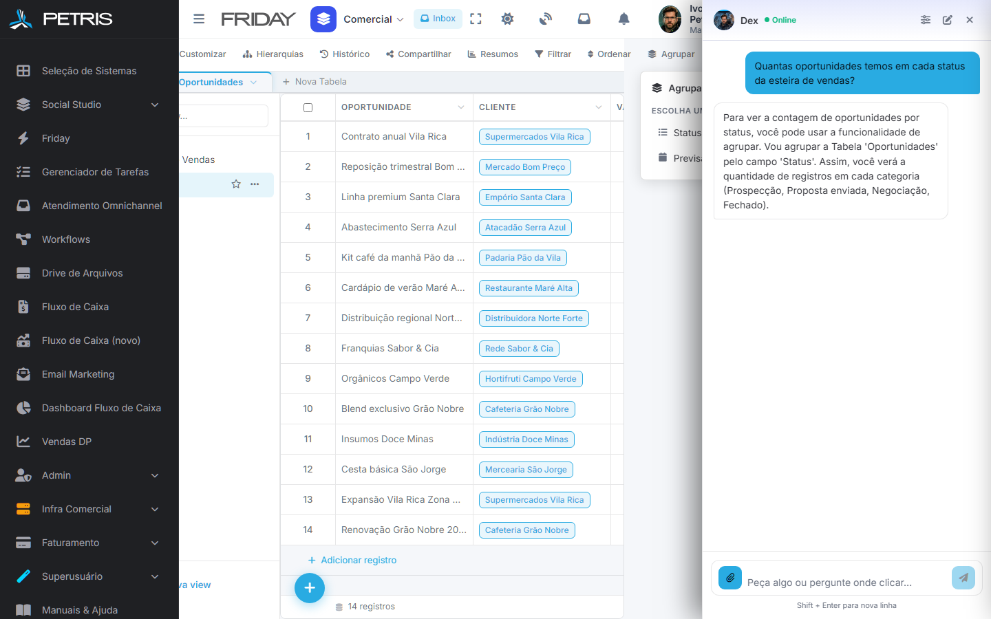 Painel do Dex aberto sobre o Friday: o assistente explica a contagem por status e abre o agrupamento na interface