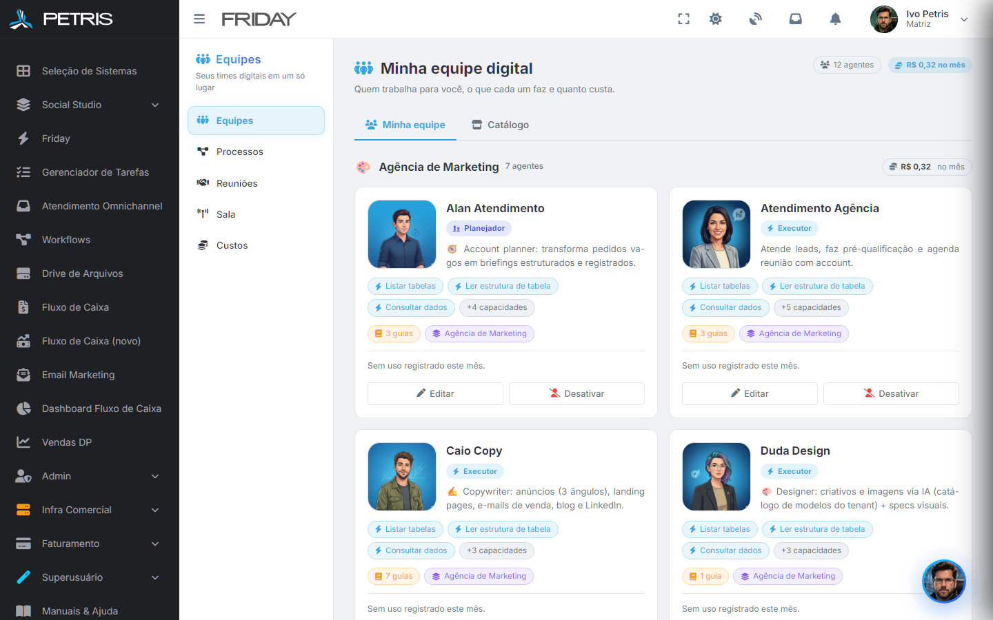 Tela Minha Equipe Digital com os agentes de IA da agência de marketing: Alan Atendimento, Caio Copy e Duda Design, com papéis e capacidades