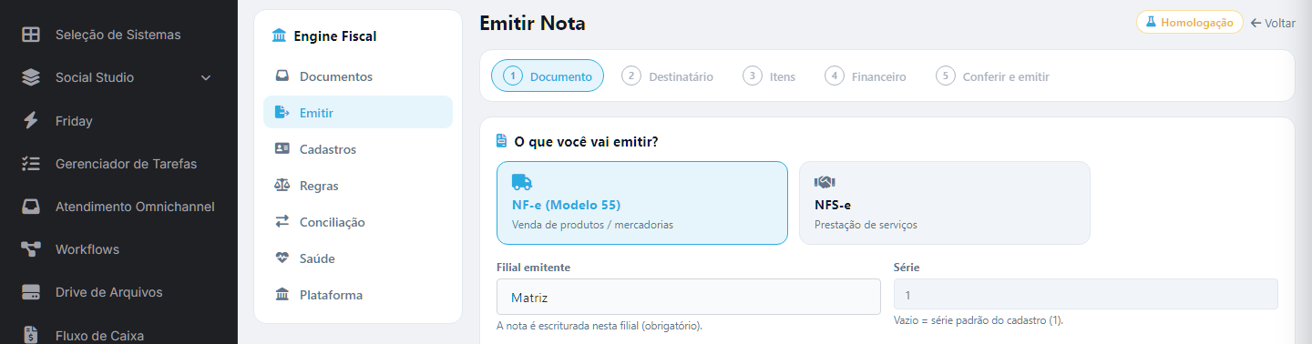Assistente de emissão de nota fiscal: escolha entre NF-e de produtos e NFS-e de serviços, em cinco passos